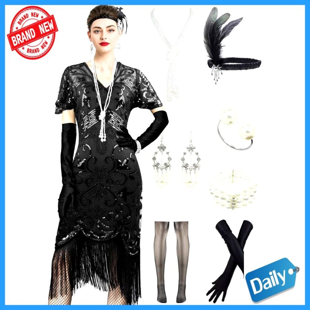 Vintage Sequin Flapper Fringe Costume Dress with 20s Accessories Set